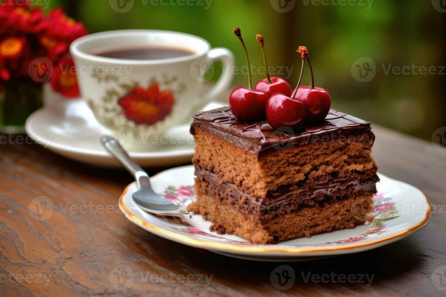 pièce de Belge Cerise Chocolat gâteau et tasse de thé établi avec génératif Al La technologie photo