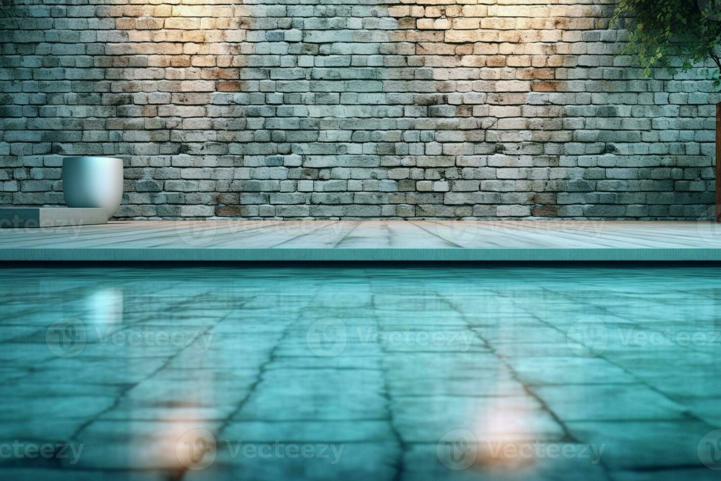 tranquille bassin zone avec un élégant brique mur toile de fond ai généré photo