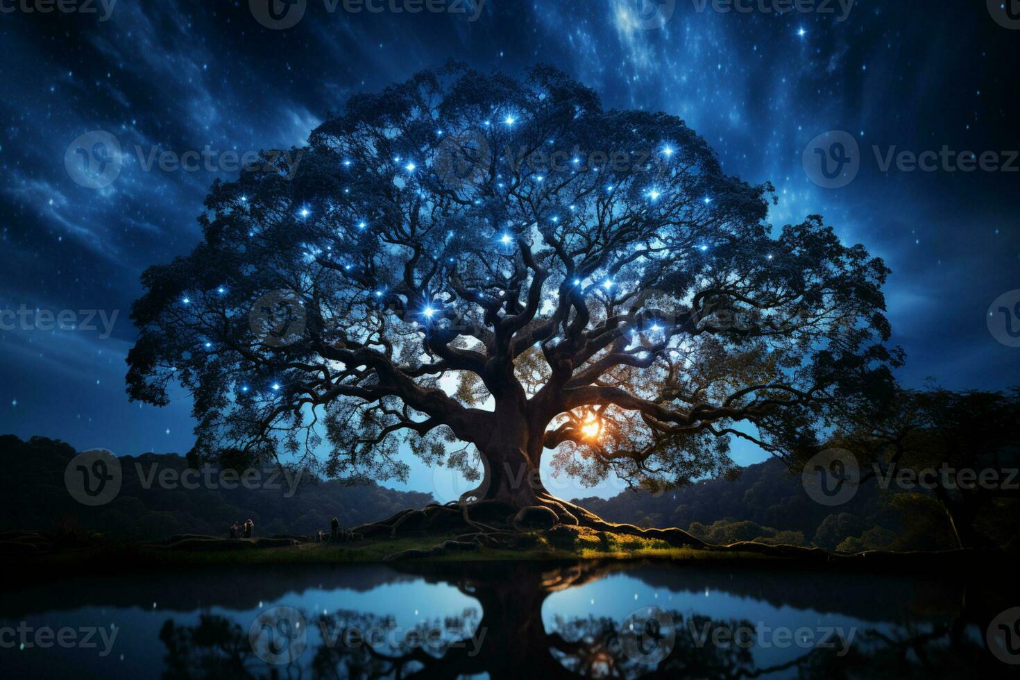 majestueux des arbres supporter sous une Stupéfiant laiteux bien éclairé nuit ciel ai généré photo