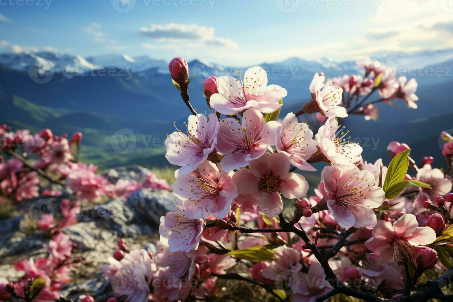 le printemps paysage présente une Stupéfiant toile de fond de fleurs et rajeunissement ai généré photo