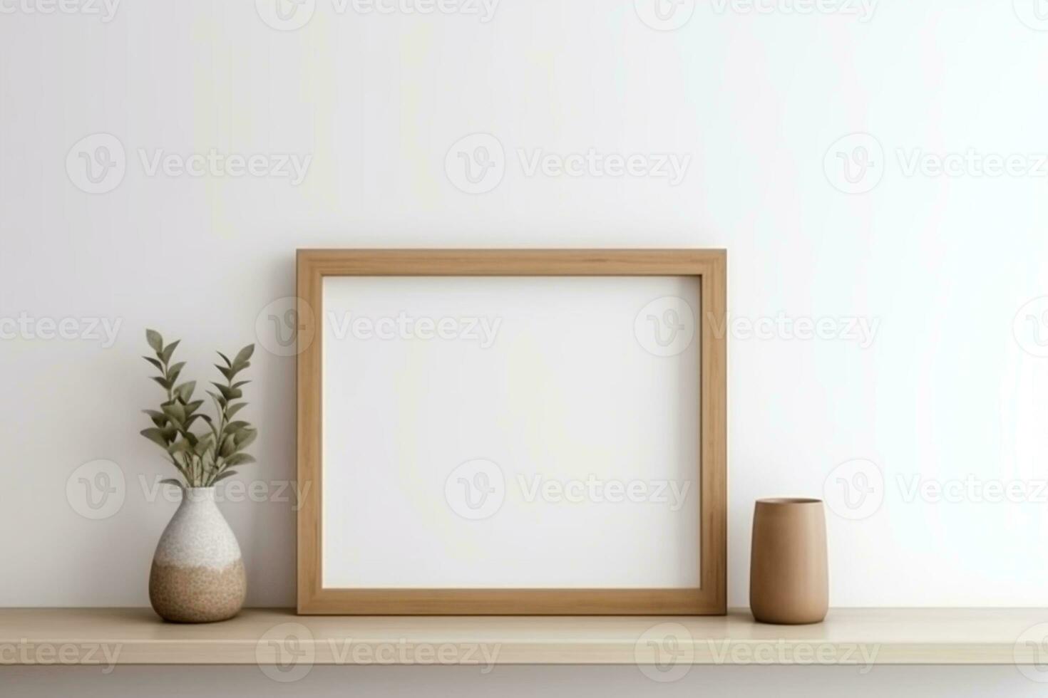 près la perspective de une maquette Cadre dans une blanc pièce avec Naturel en bois ameublement ai généré photo