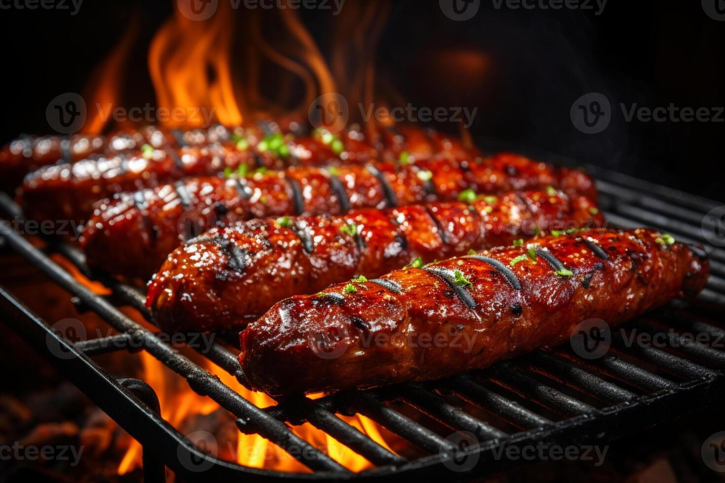 flammes Danse autour, grillé saucisse grésillant sur le ardent gril ai généré photo