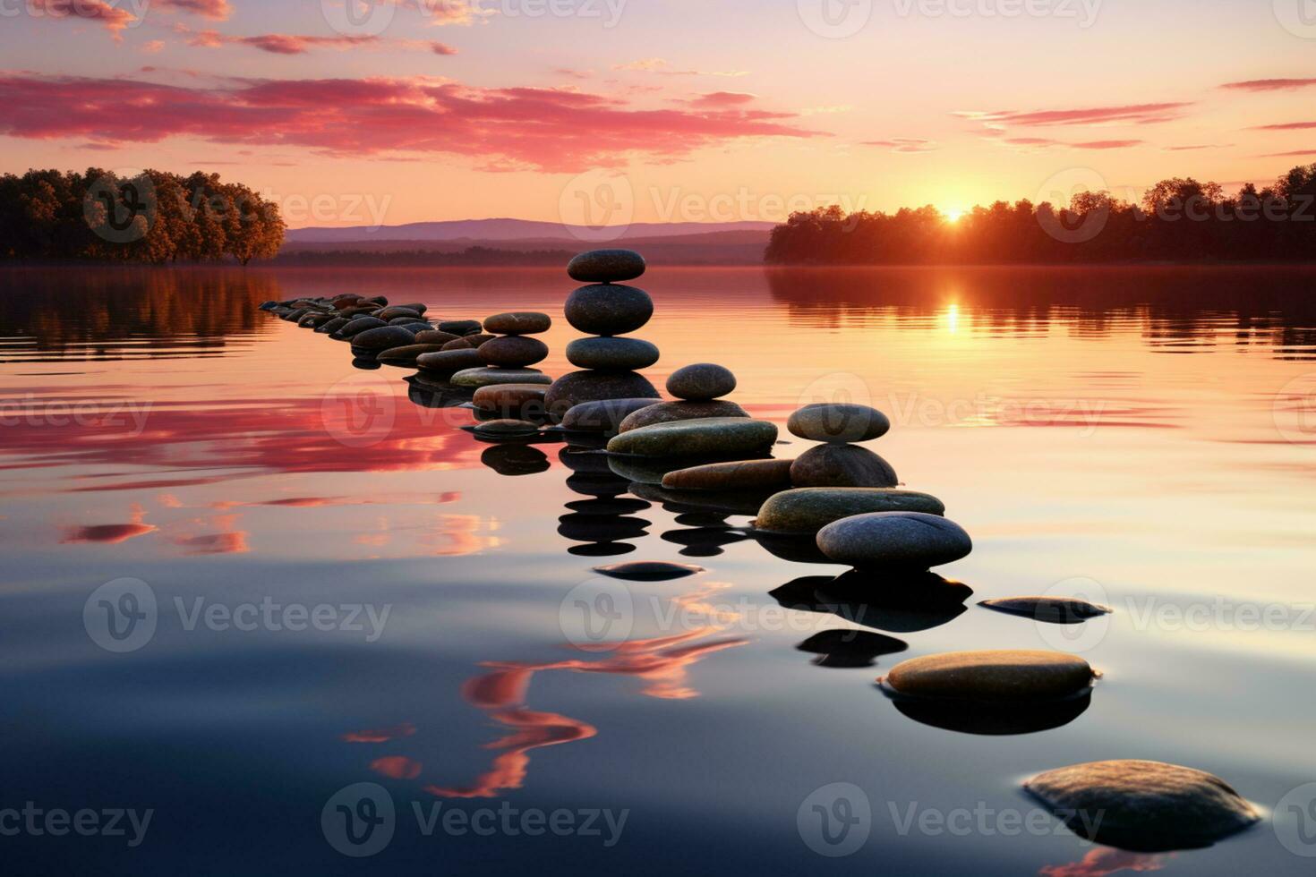 le coucher du soleil reflets Danse sur le Zen des pierres niché dans paisible des eaux ai généré photo