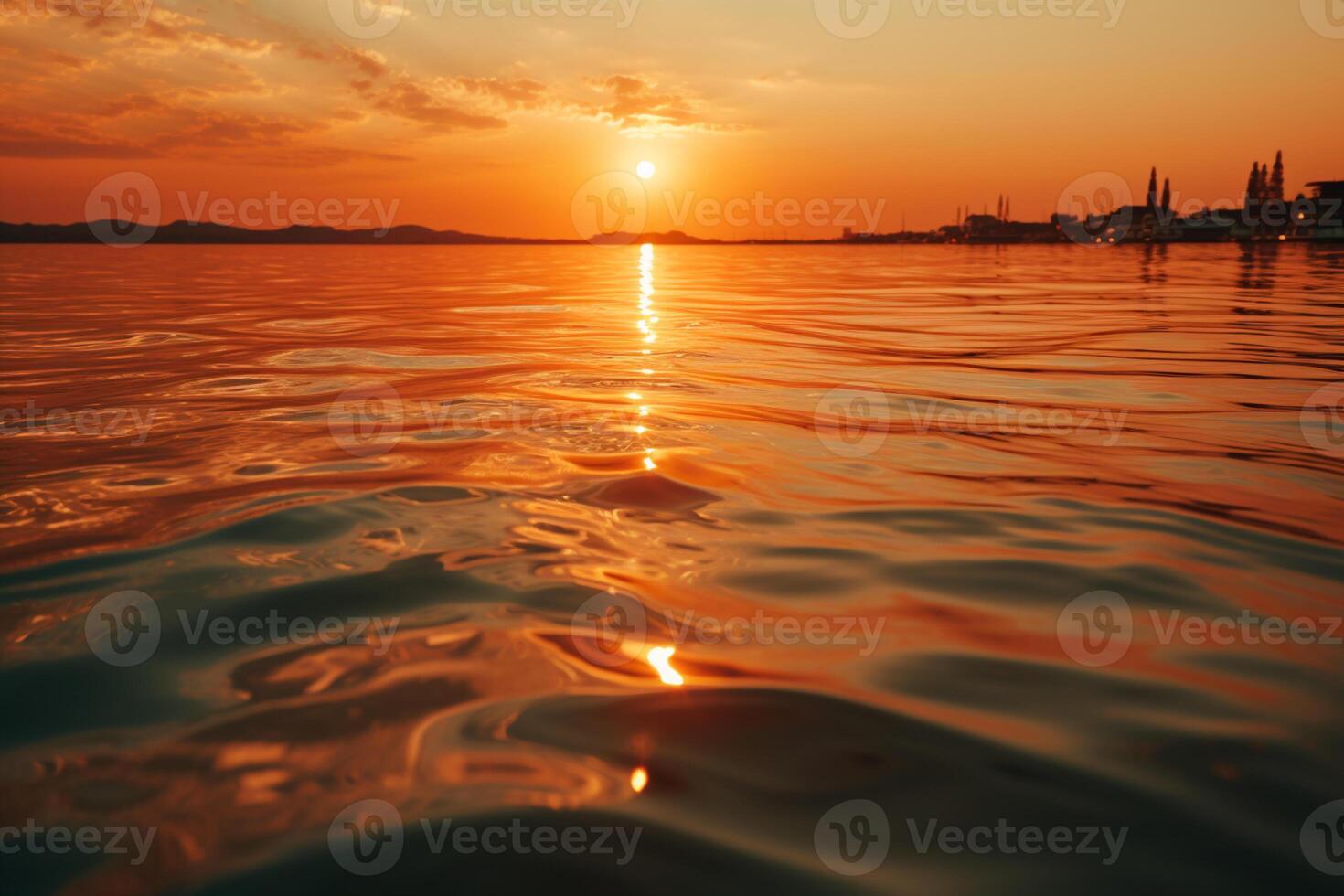 fascinant reflets de un abstrait Orange Soleil sur l'eau et horizon ai généré photo