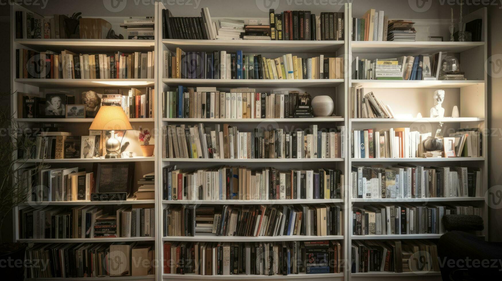 gros bibliothèque avec beaucoup étagère généré ai photo