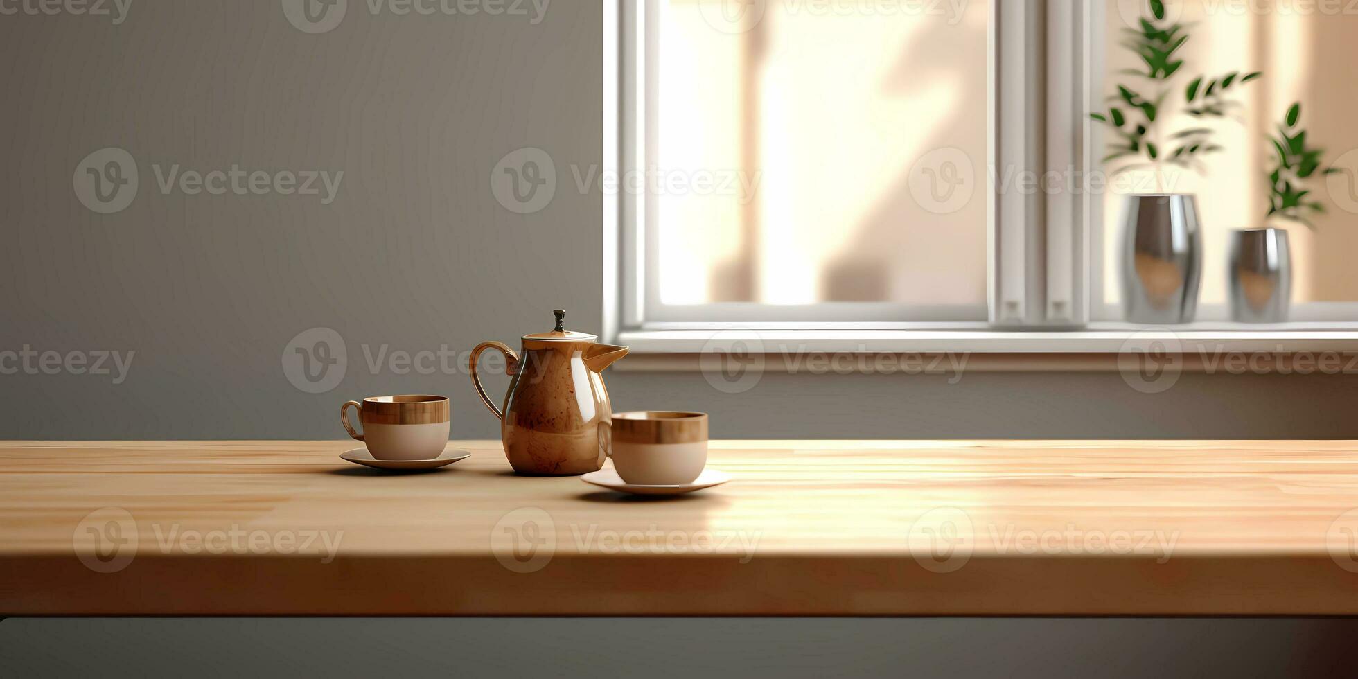bois table et fenêtre avec plante avec Soleil lumière copie espace flou arrière-plan, ai généré photo