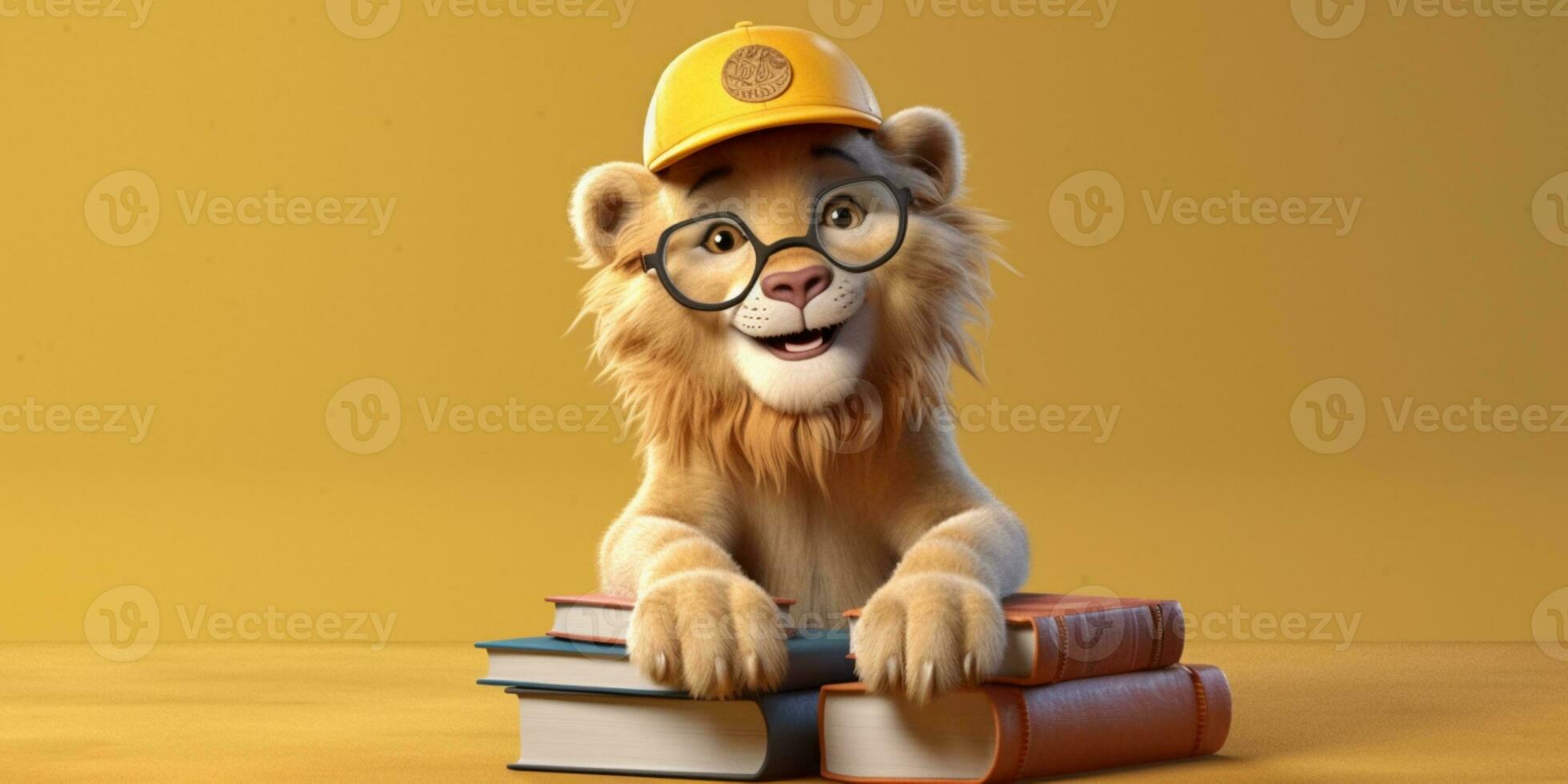 peu Lion avec des lunettes de soleil et livre mignonne animal argile dessin animé, ai généré photo