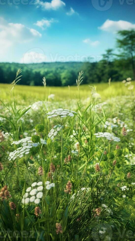 Prairie blanc fleur et herbe Contexte. ai généré photo