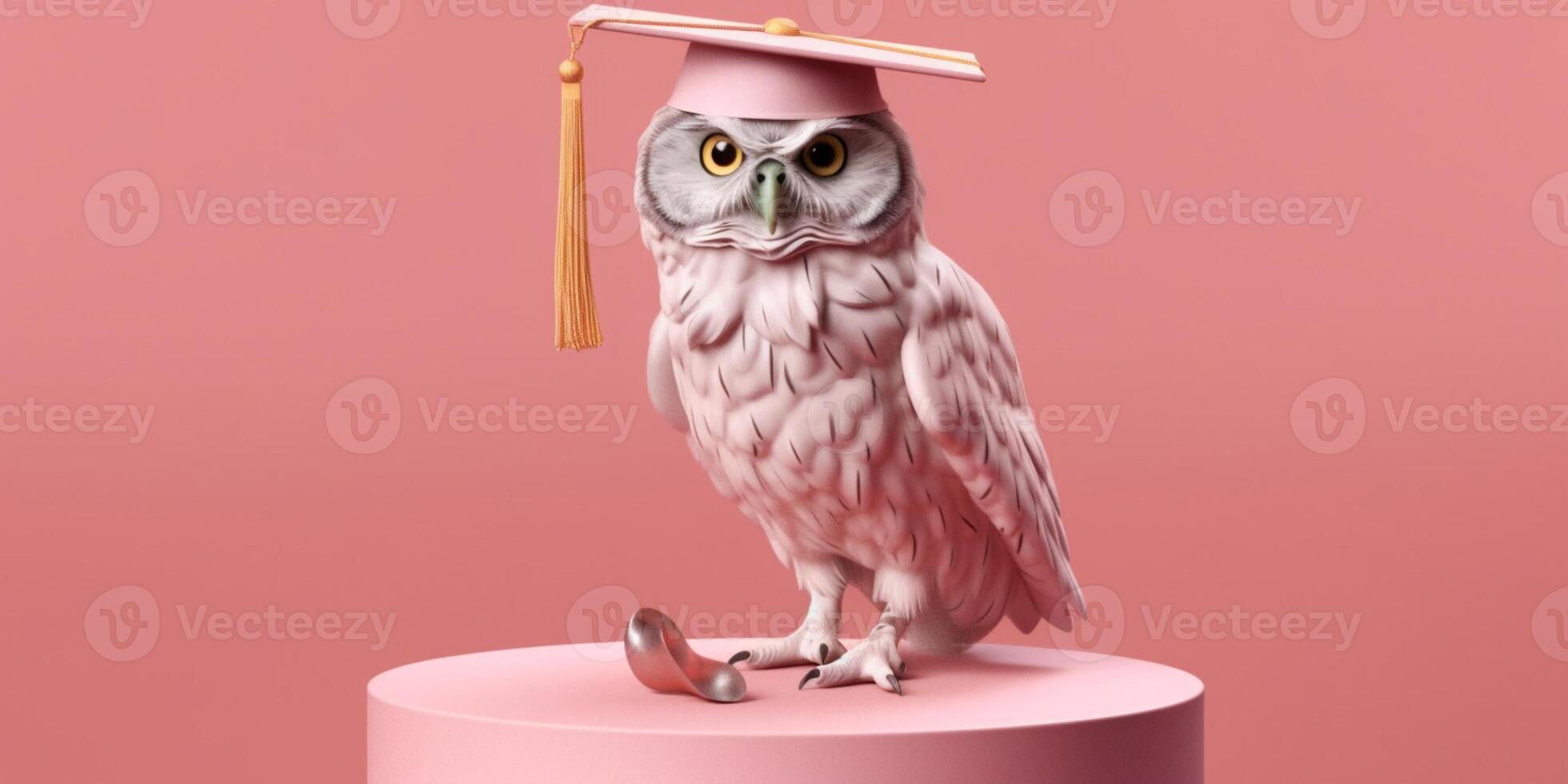 peu hibou avec l'obtention du diplôme chapeau pour éducation dessin animé animation, ai généré photo