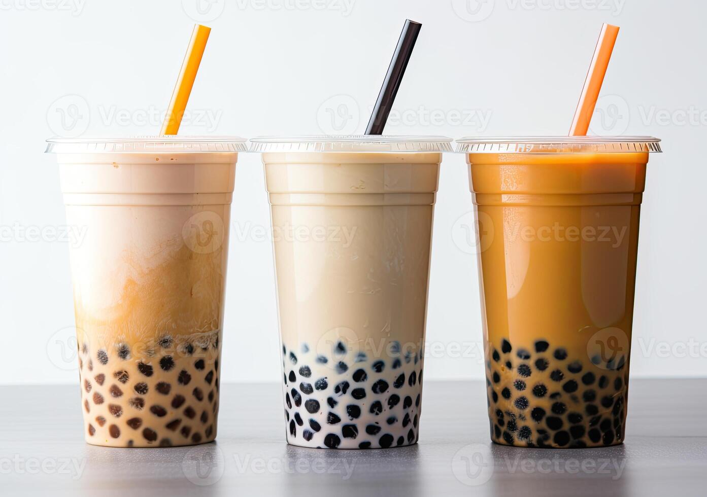 génératif ai illustration de produit photo de 3 Plastique tasses de boba Lait thé, avec bulles, amusant, solide doux pastel Contexte