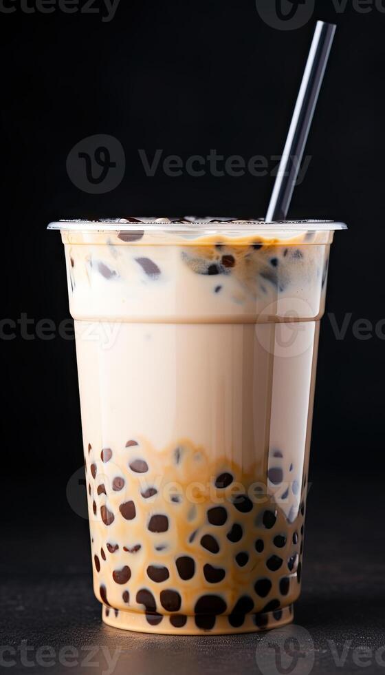 génératif ai illustration de produit photo Plastique tasse de boba Lait thé, avec bulles, amusant, pastel Contexte