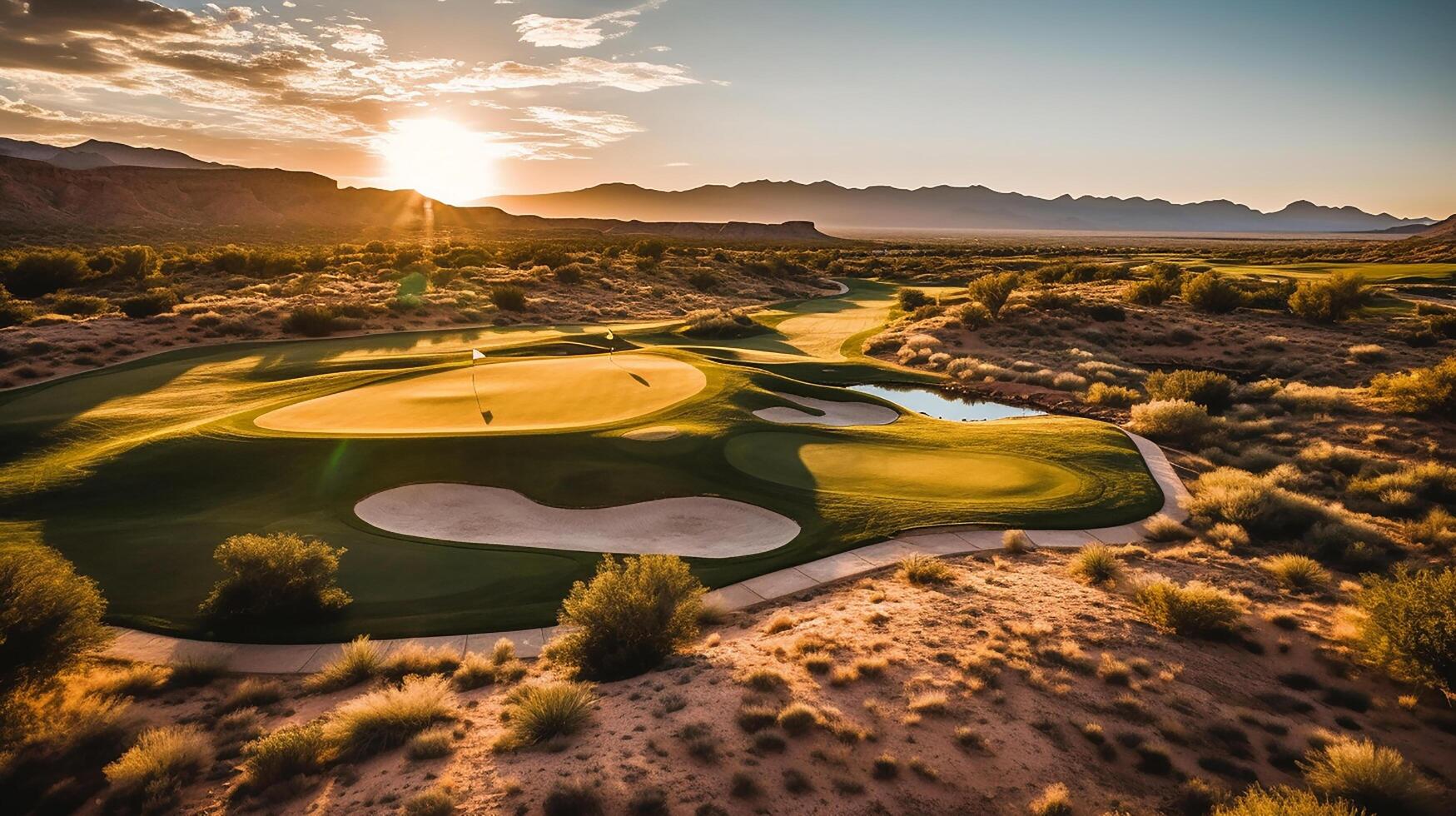 une le golf cours avec le sable soutes et une étang. génératif ai photo