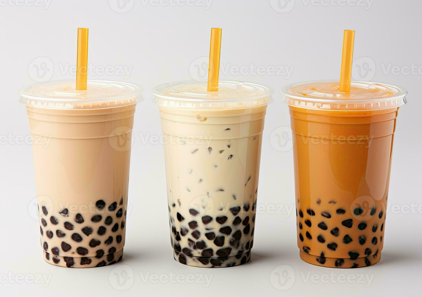 génératif ai illustration de produit photo de 3 Plastique tasses de boba Lait thé, avec bulles, amusant, solide doux pastel Contexte