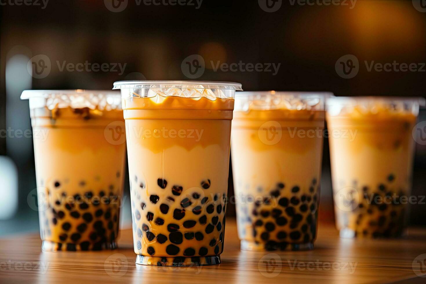 génératif ai illustration de Plastique tasses de boba Lait thé, avec bulles, fermer tir, profondeur de champ, gourmet dessert, floue Contexte photo