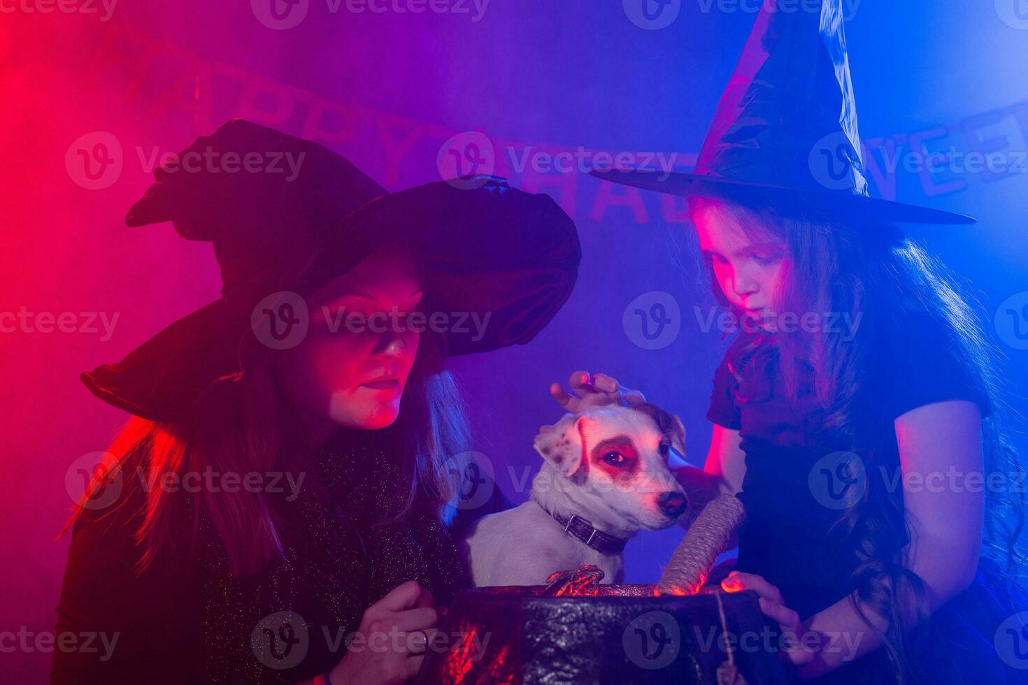 marrant enfant fille et femme dans sorcières costumes pour Halloween avec chien. photo