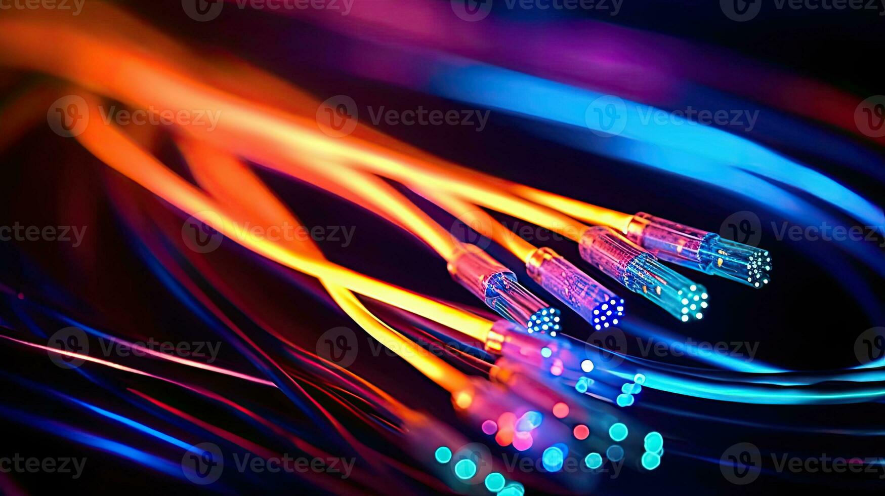 coloré électrique câbles et dirigé. optique fibre, intense couleurs, Contexte pour La technologie image et Nouveau affaires les tendances établi génératif ai photo