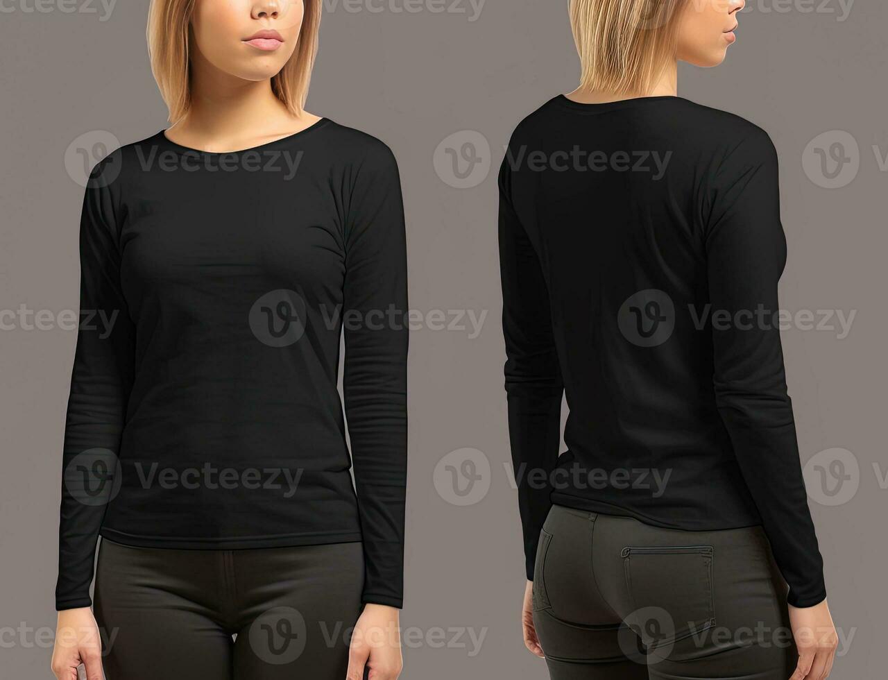 femme portant une noir T-shirt avec longue manches. de face et retour voir. ai généré photo