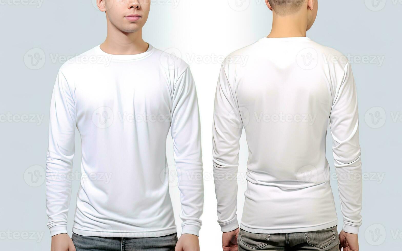 homme portant une blanc T-shirt avec longue manches. de face et retour voir. ai généré photo