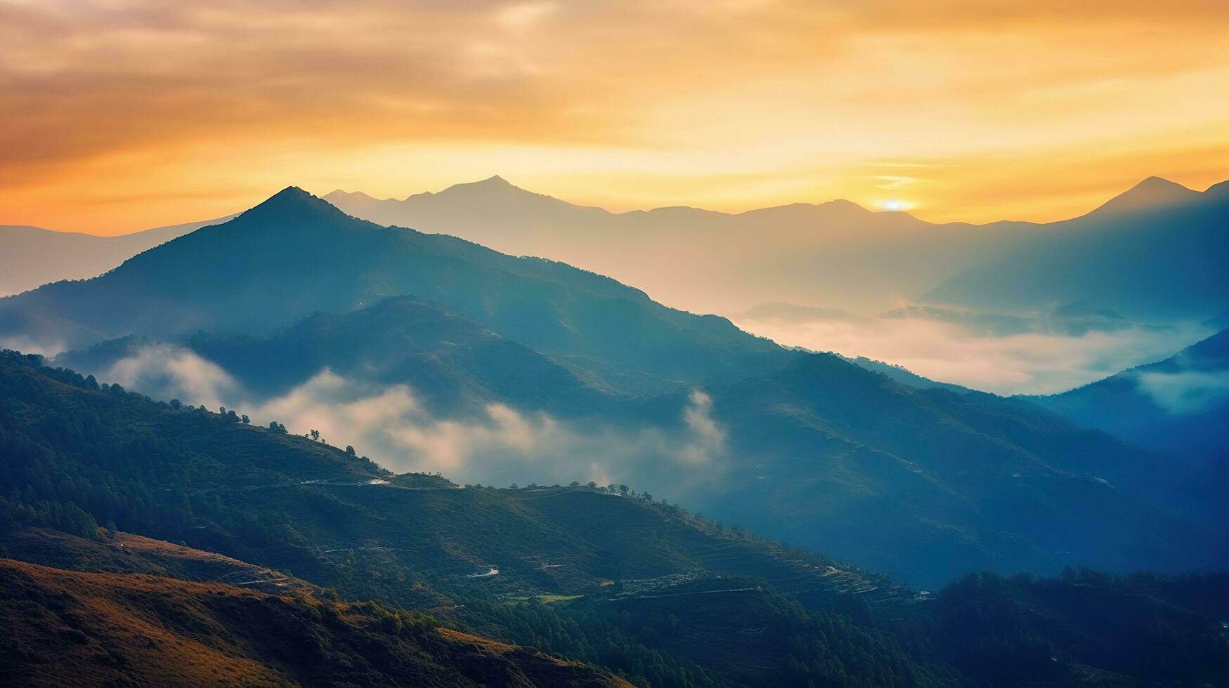 lever du soleil plus de montagnes. montagnes le coucher du soleil la nature Contexte. ai généré photo