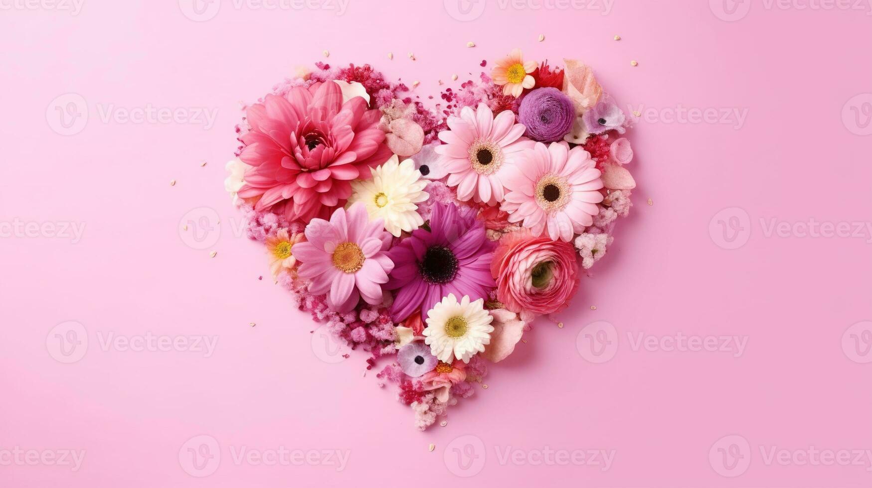 rose cœur fabriqué de fleurs. cœur forme fabriqué de printemps fleurs sur rose pastel Contexte. ai généré photo