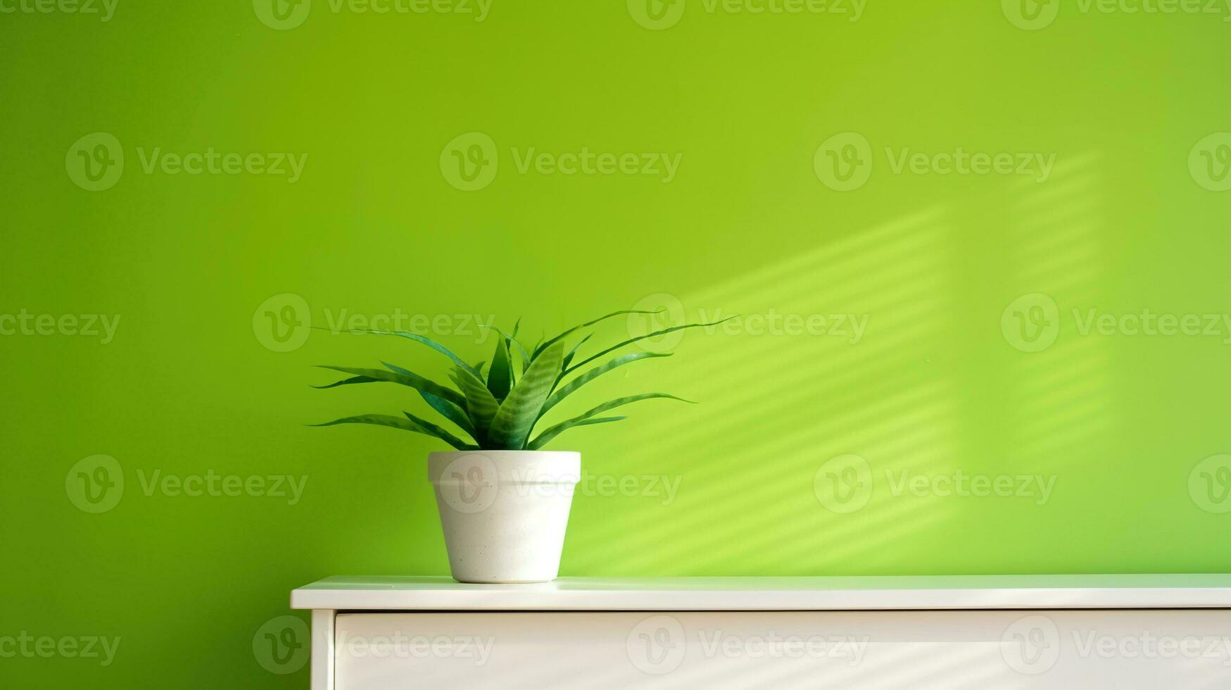 vert plante dans une pot. étagère avec une plante dans une blanc pot et vert mur Contexte. ai généré photo