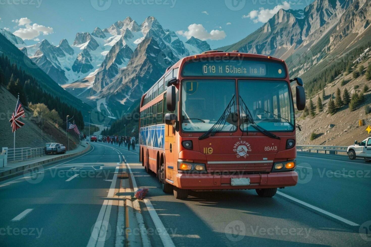 une route voyage rouge autobus arrêté sur le route photo