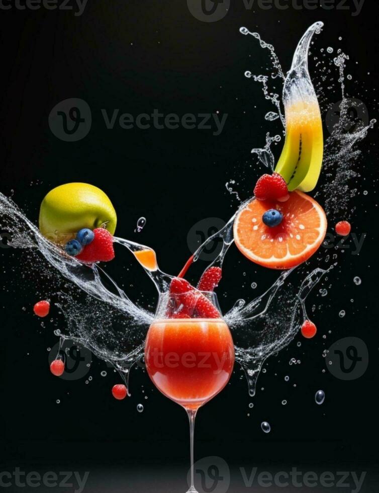 photo mixeur avec des fruits en volant isolé sur noir Contexte fruit jus et éclaboussure