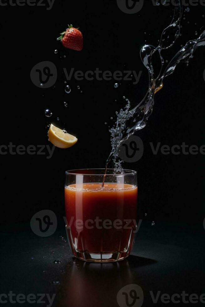 photo mixeur avec des fruits en volant isolé sur noir Contexte des fruits jus et éclaboussure