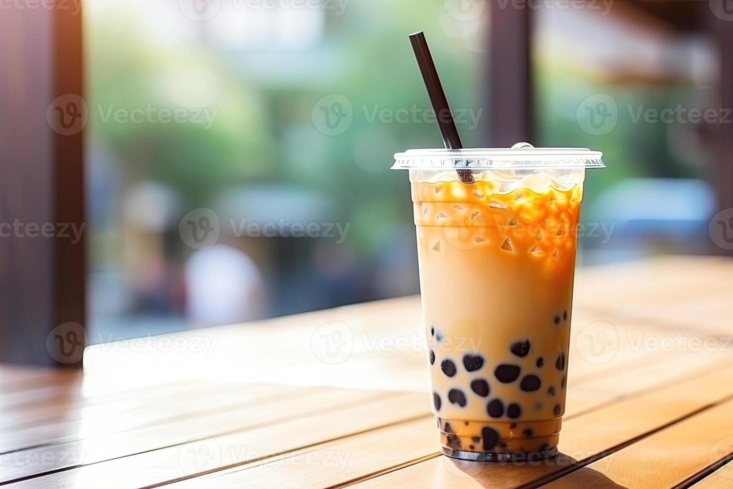 génératif ai illustration de Taïwan boba Lait thé avec bulle sur bois table photo