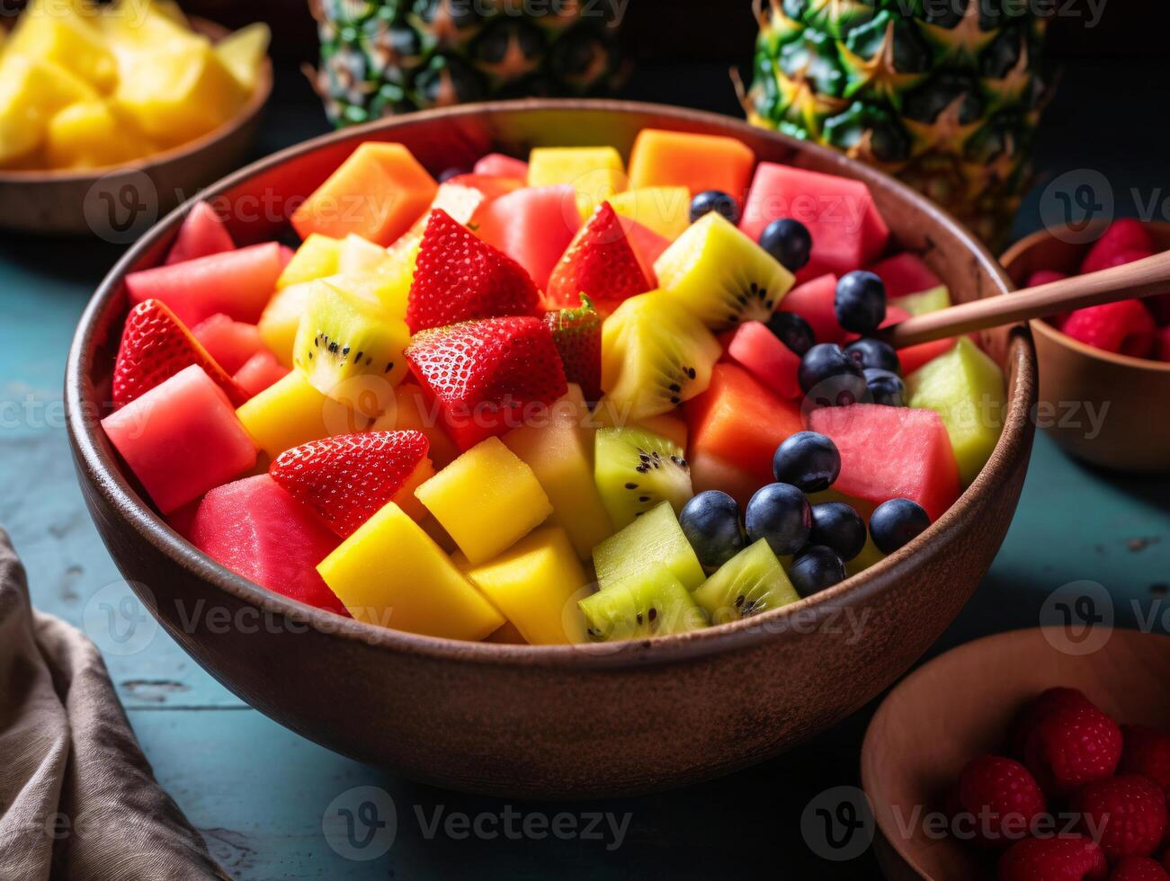 juteux délice - une l'eau à la bouche fruit salade dans fermer - ai généré photo