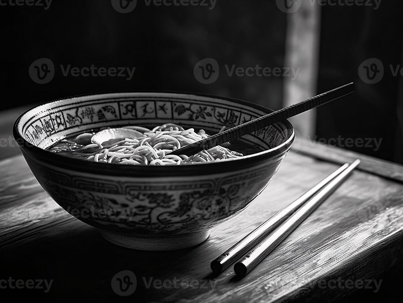 savourer le moment - une noir et blanc photographier de une méditatif repas - ai généré photo