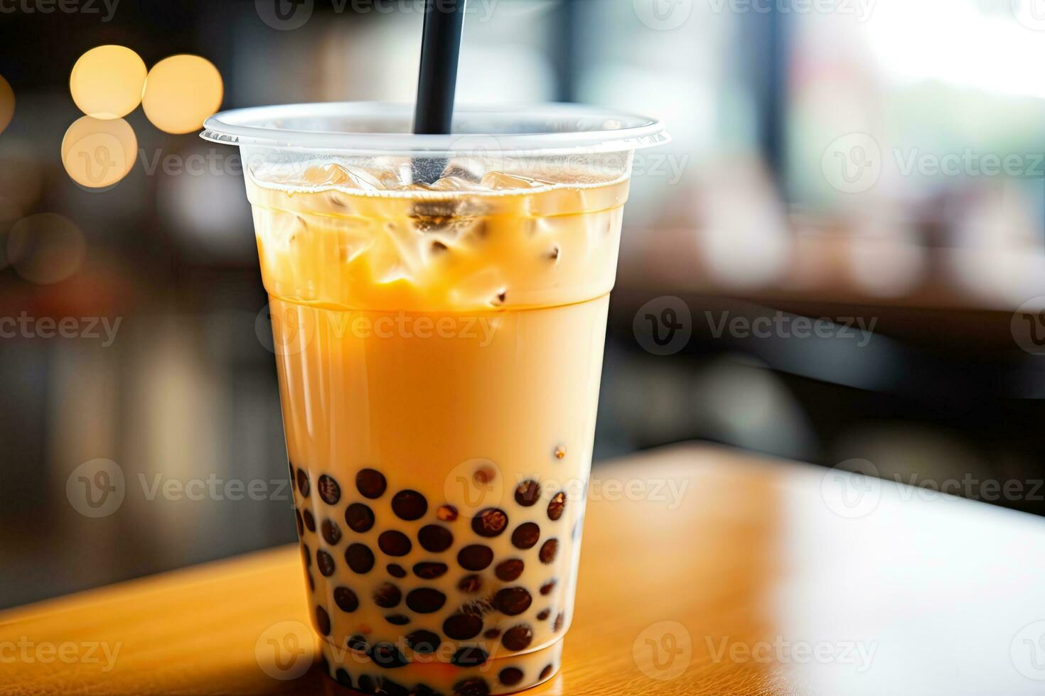 génératif ai illustration de Plastique tasses de boba Lait thé, avec bulles, fermer tir, profondeur de champ, gourmet dessert, floue Contexte photo