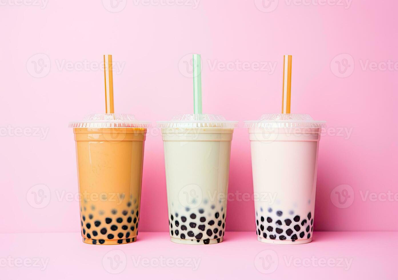 génératif ai illustration de produit photo de 3 Plastique tasses de boba Lait thé, avec bulles, amusant, solide doux pastel Contexte