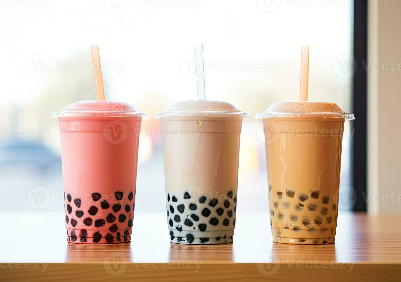 génératif ai illustration de produit photo de 3 Plastique tasses de boba Lait thé, avec bulles, amusant, solide doux pastel Contexte