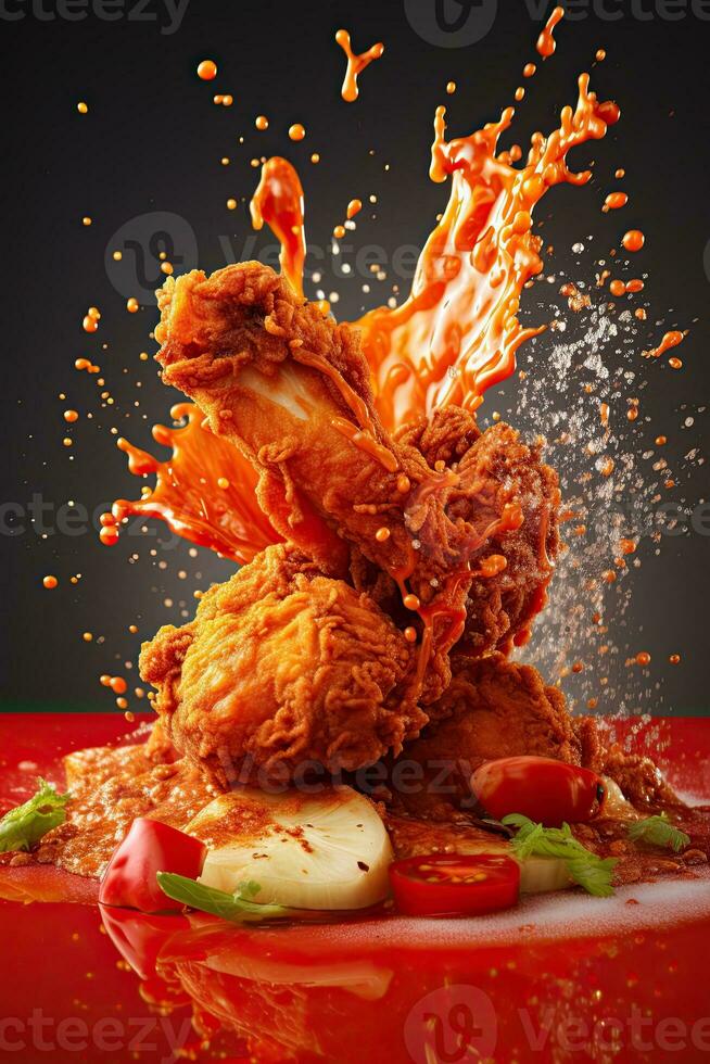 génératif ai illustration de rouge le Chili poivre éclabousser avec frit poulet sur solide Couleur Contexte photo