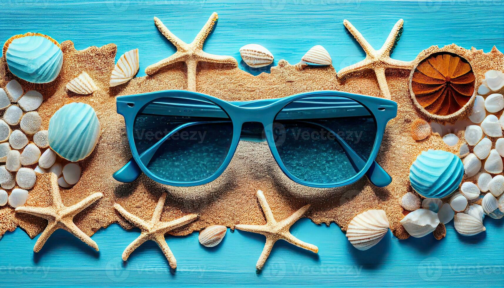 génératif ai illustration de coquillage étoile de mer et plage le sable sur bleu en bois Contexte. été vacances bannière. des lunettes de soleil dans centre. Haut voir, lumière du soleil photo