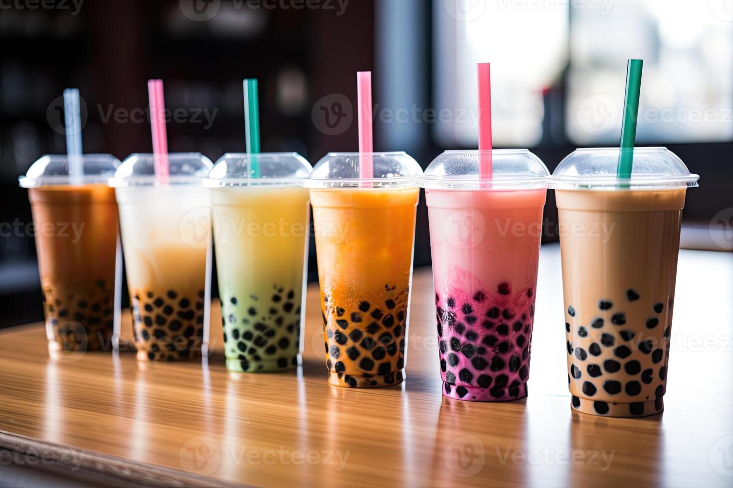 génératif ai illustration de Plastique tasses de boba Lait thé, avec bulles, fermer tir, profondeur de champ, gourmet dessert, floue Contexte photo