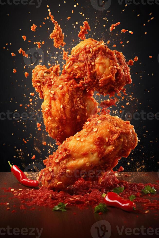 génératif ai illustration de rouge le Chili poivre éclabousser avec frit poulet sur solide Couleur Contexte photo