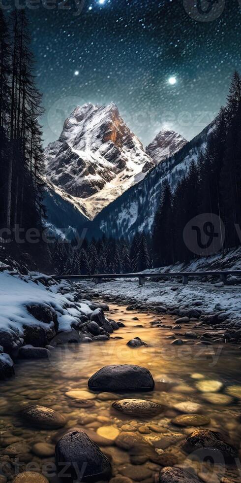 génératif ai illustration de étoilé nuit, professionnel paysage la photographie, hiver paysage montagnes photo