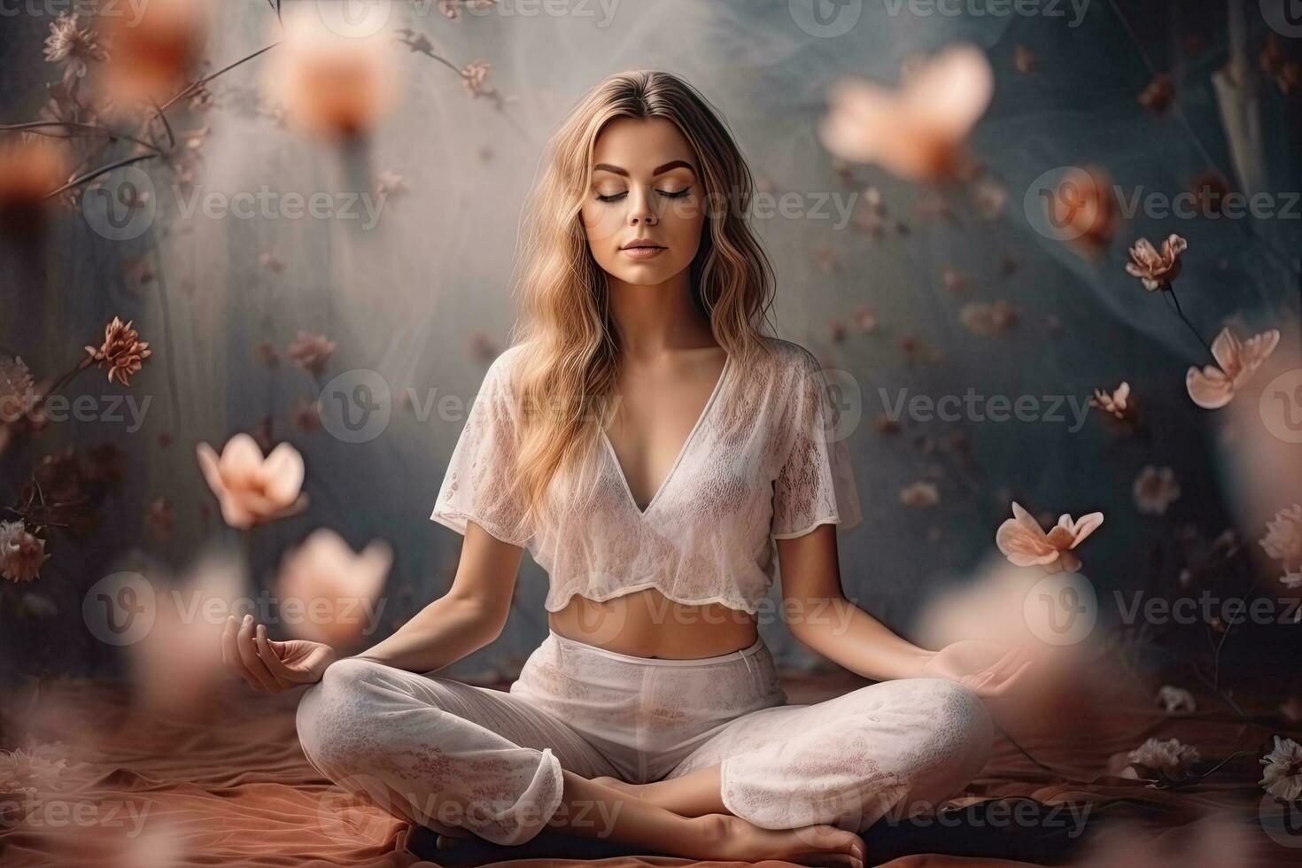 génératif ai illustration de calme femelle yogi, entraine toi yoga dans lotus position photo