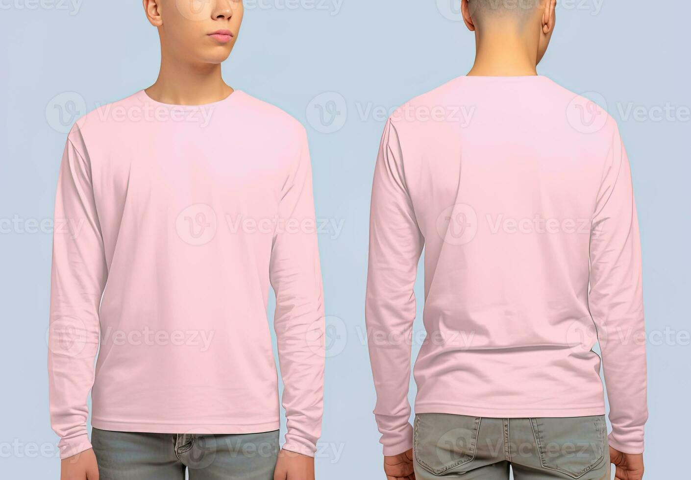 homme portant une rose T-shirt avec longue manches. de face et retour voir. ai généré photo