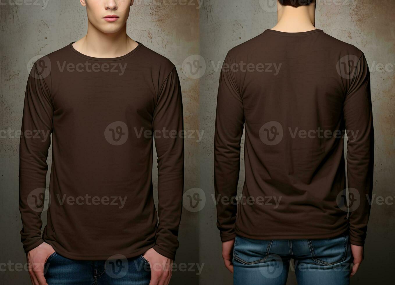 homme portant une marron T-shirt avec longue manches. de face et retour voir. ai généré photo