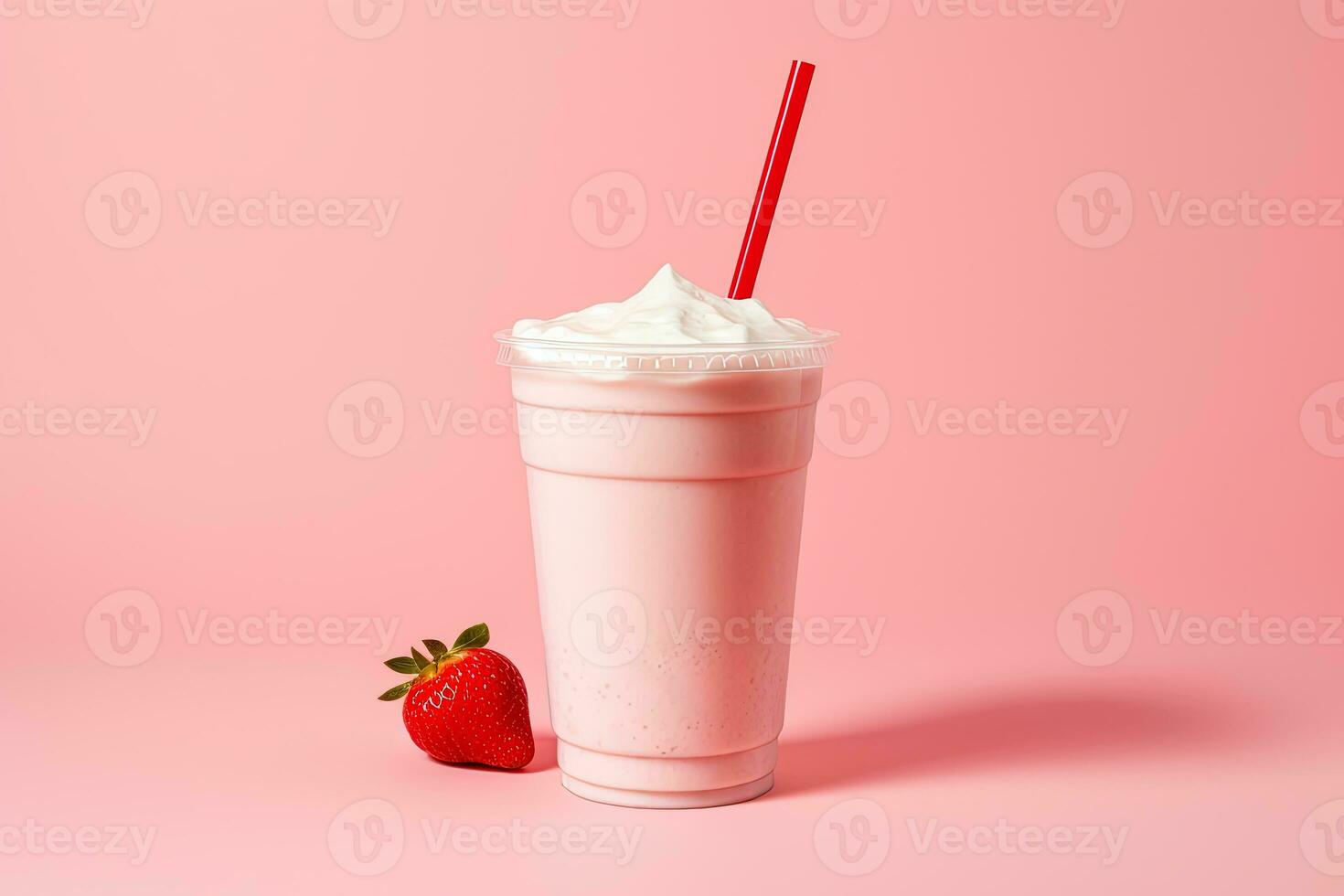 fraise Milk-shake dans Plastique à emporter tasse isolé sur rose Contexte. ai généré photo