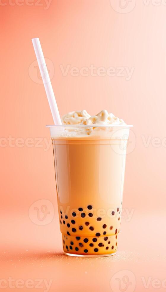 génératif ai illustration de produit photo Plastique tasse de boba Lait thé, avec bulles, amusant, pastel Contexte