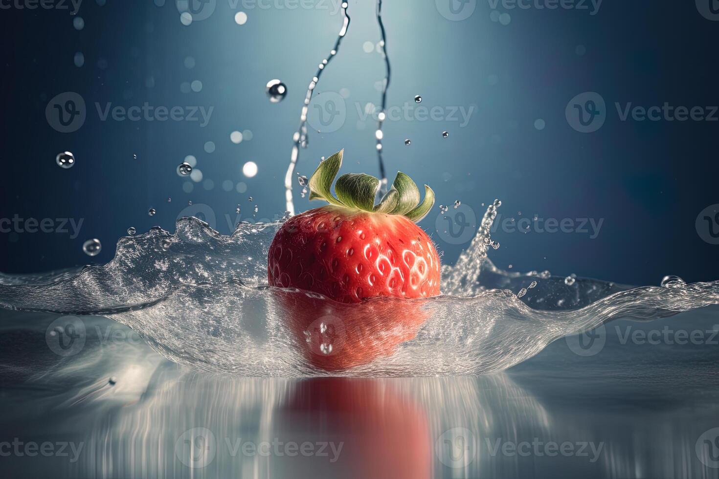 Frais rouge des fraises isolé sur noir Contexte dans vaporisateur et courant de l'eau. ai généré photo