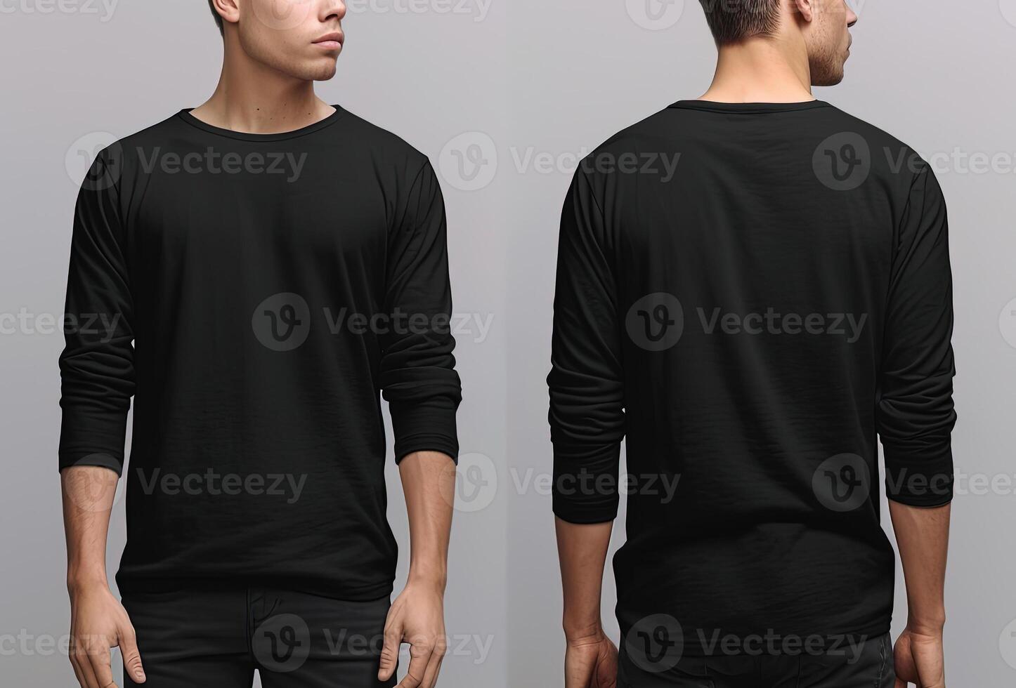 homme portant une noir T-shirt avec longue manches. de face et retour voir. ai généré photo