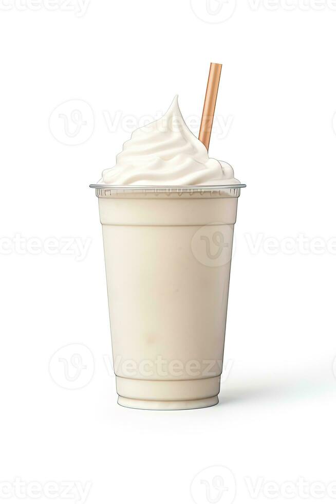 vanille Milk-shake dans Plastique à emporter tasse isolé sur blanc Contexte. ai généré photo