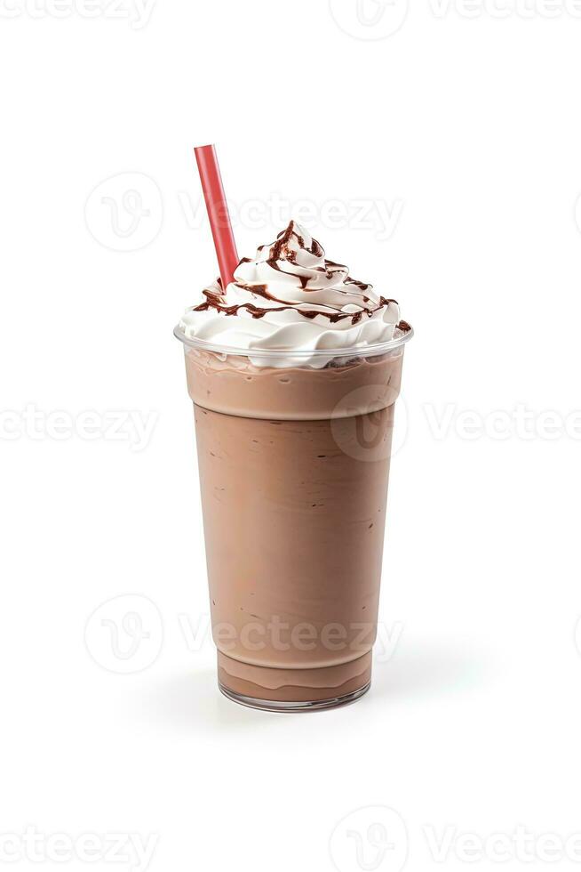 Chocolat Milk-shake dans Plastique à emporter tasse isolé sur blanc Contexte. ai généré photo