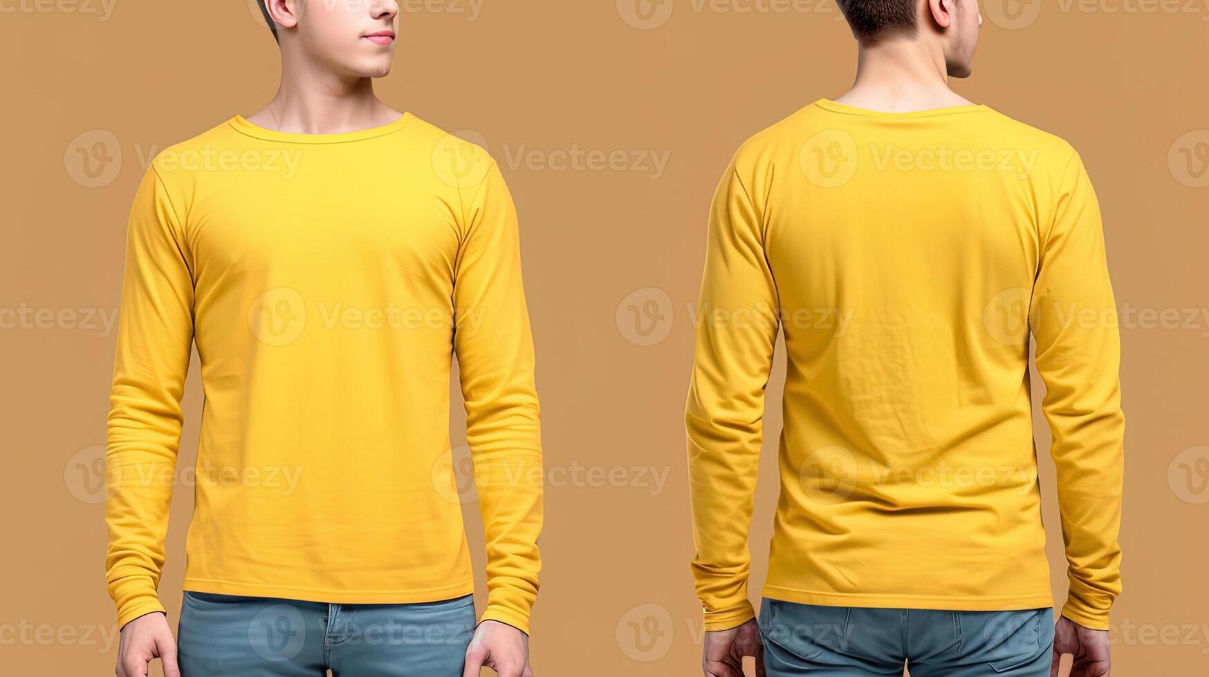 homme portant une Jaune T-shirt avec longue manches. de face et retour voir. ai généré photo