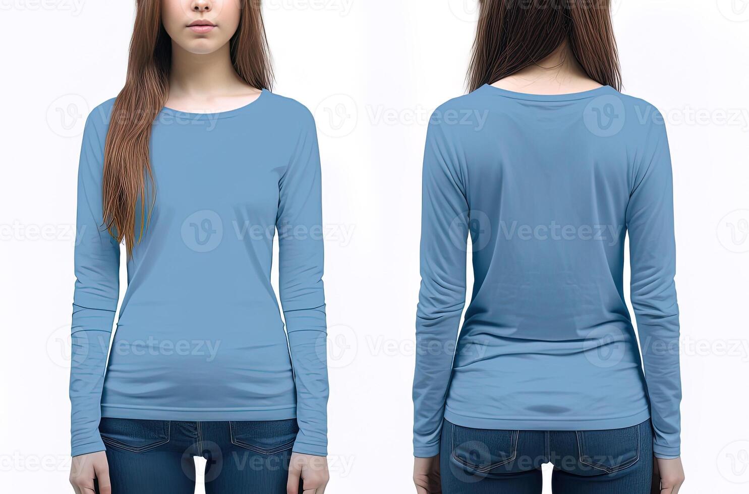 femme portant une bleu T-shirt avec longue manches. de face et retour voir. ai généré photo